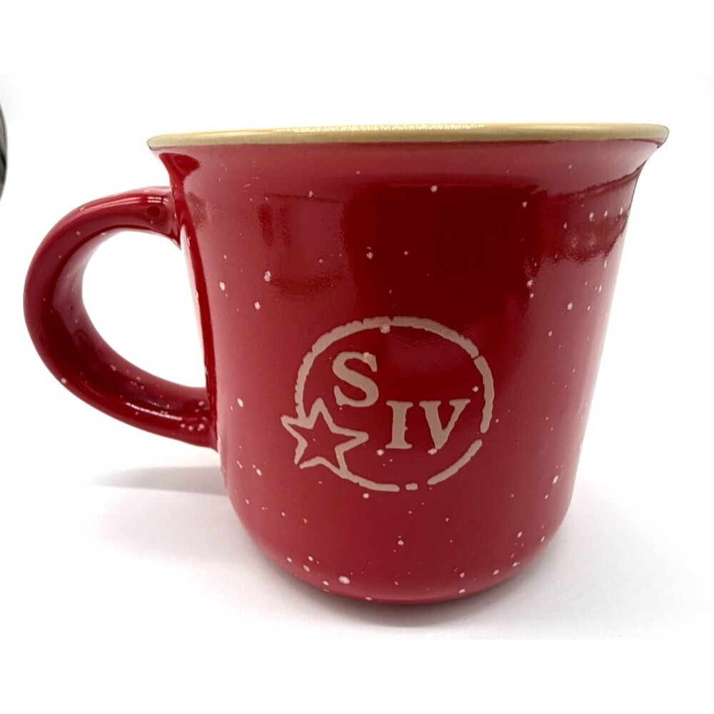 Makers Mark Bourbon Whiskey Coffee Cup Red Tan Speckled Ceramic Enamelware